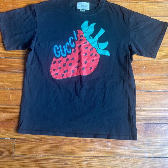Gucci | Tops | Gucci Black Tee With Red And Green Strawberry